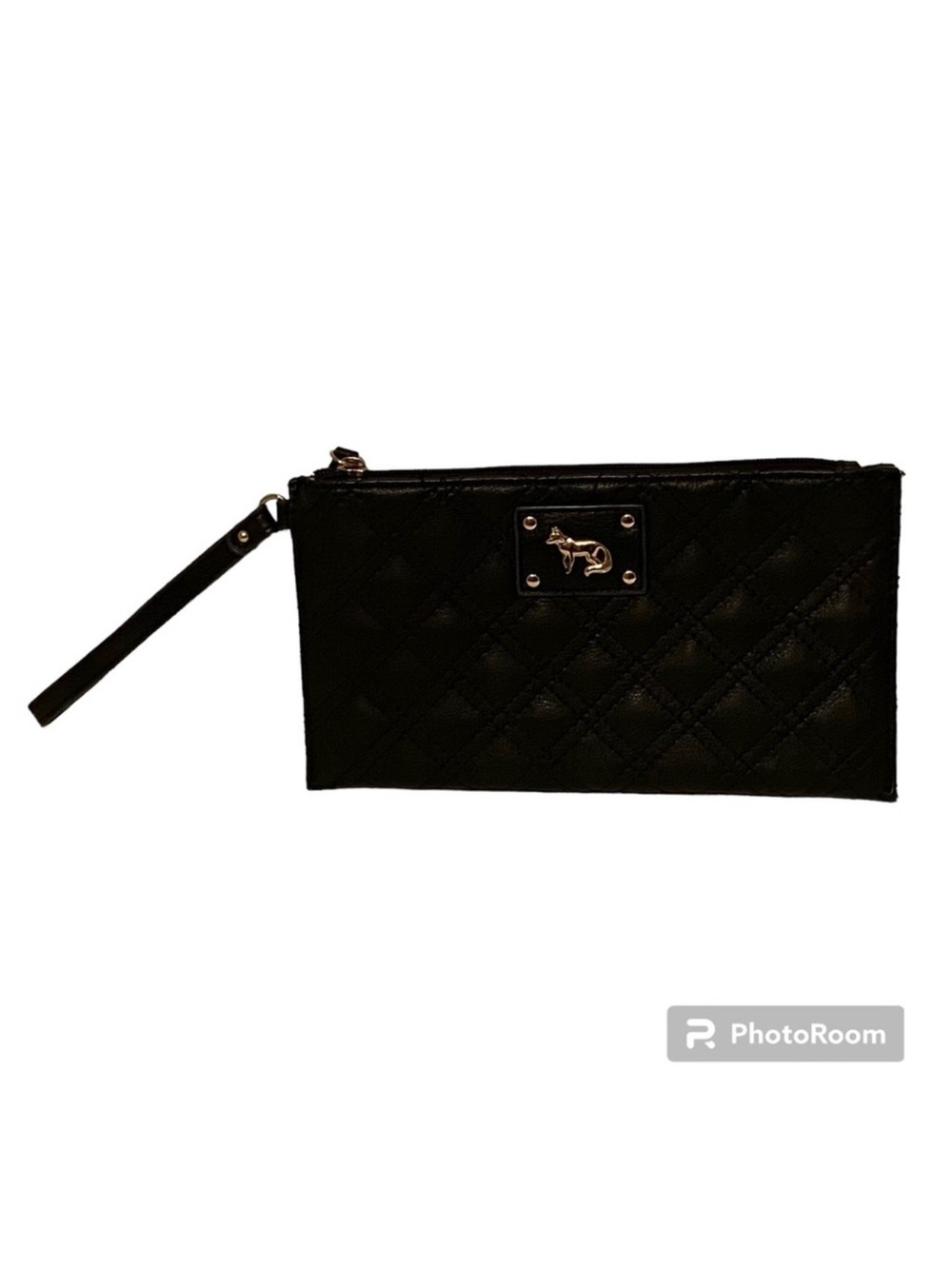 EMMA FOX BAG WRISTLET CLUTCH BLACK QUILTED LEATHER GOLD ACCENT ZIP TOP
